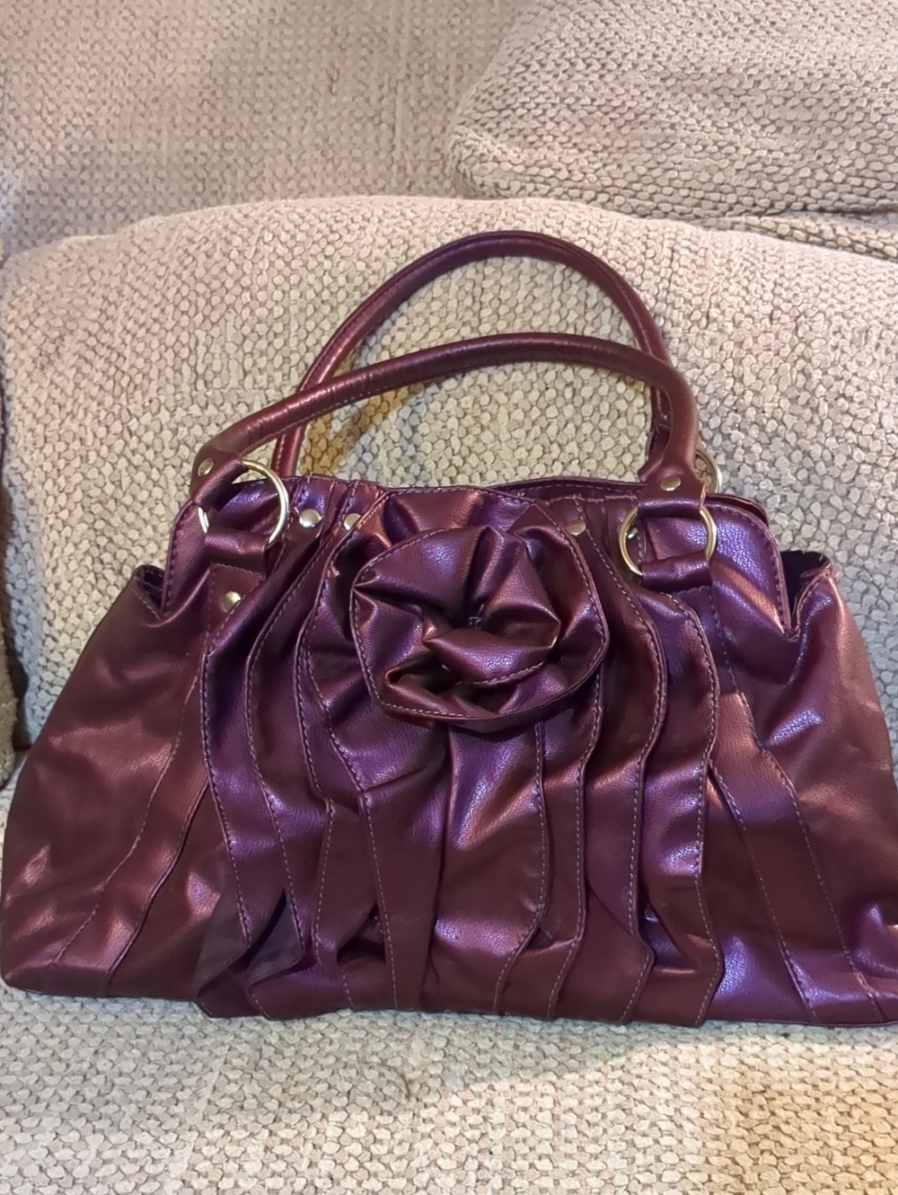 Daisy Fuentes Plum Pleated Rose Accent Shoulder Bag